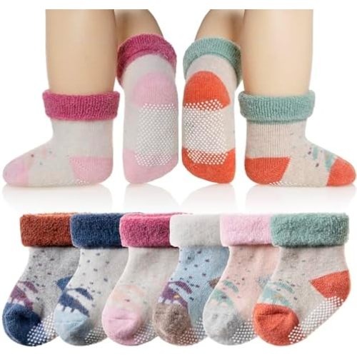 Eyean Baby Wool Grip Sock Soft Winter Warm Thick Non Slip Toddler Boy Girls Crew Socks For Children 6 Pairs