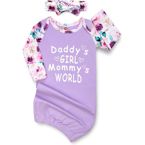 Newborn Baby Girl Gown 0-6 Months, Super Soft Newborn Sleepers Gown, Long Sleeve Infant Nightgown for Girls Boys, Baby Girl Outfit Essential with Headband Set Purple
