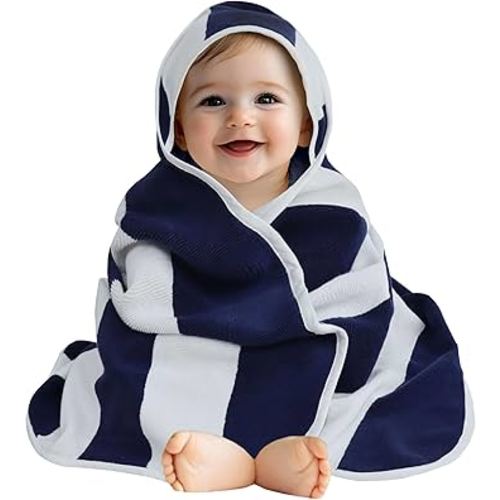 ORIGINAL KIDS Hooded Baby Towel for Newborn - 100% Cotton Baby Bath Towel with Hood - Boys Girls Infants Toddler - Soft Absorbent Beach Pool Newborn Bath Essentials - Large 32x32 - Cabana Stripe Navy