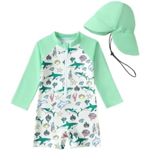 Baby/Toddler Boy Long Sleeve Rash Guard Swimsuit Sun Protection One Piece Swimwear with Hat Quick Dry Bathing Suit
