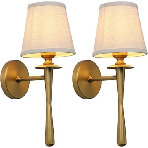 Pathson Vintage Fabric Wall Sconces Set of Two Hardwired Bathroom Vanity Lights Linen Cloth Shade Wall Lamp Fixture for Bedroom Living Room Foyer