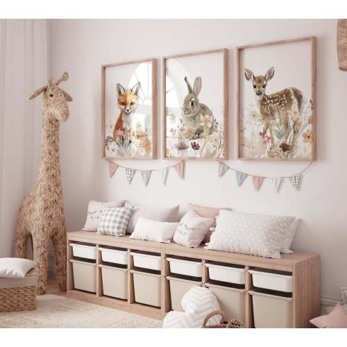 Floral Woodland Watercolor Prints, Safari Animals, wildflower prints, Girl's Room Decor, girl nursery, Safari Nursery Wall Art