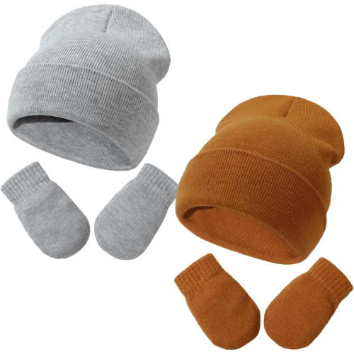 Newborn Baby Beanie Hat Gloves Set, 2pcs Toddler Kids Solid Soft Winter Warm Knit Hat with Gloves for Unisex Boys Girls (Gray & Caramel Colors,2-5T)
