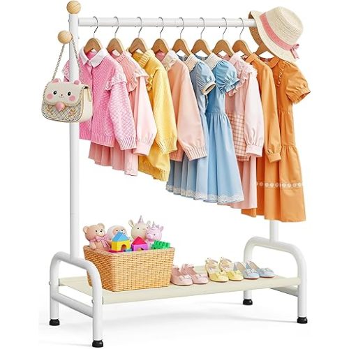 Clothes Rack - Sturdy Metal Kids Clothing Rack with Bottom Storage Shelf & Adjustable Feet, Dress Up Storage for Toddler's Bedrooms, Nurseries, Playrooms, 31" x 12.5" x 47.8", White