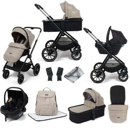 Puggle Santiago 3-in-1  i-Size Travel System with Safe Fit Car Seat 9-Piece Bundle - Oatmeal Beige