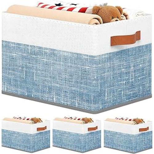 Fab totes Collapsible Storage Baskets for Shelves,14"x10", 4 Pack Foldable Fabric Storage Bins with Double Leather Handles, Large Baskets for Organizing Books, Clothes, White & Blue