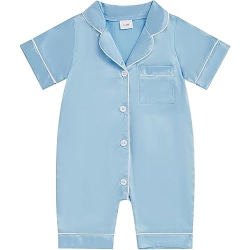 fyclemt Newborn Baby Boy Girl Silk Pajamas Romper Short Sleeve Button Up One Piece Jumpsuit Sleep Satin Nightgown Sleepwear