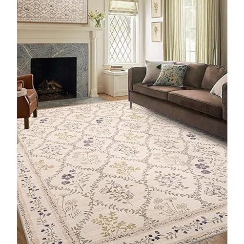 YIHOUSE 6x9 Washable Rug for Bedroom, Beige Floral Rugs for Living Room Non Slip Ultra-Thin Large Boho Rug for Kids Playroom, Classroom, Girls Dorm, Nursery, Beige Multi