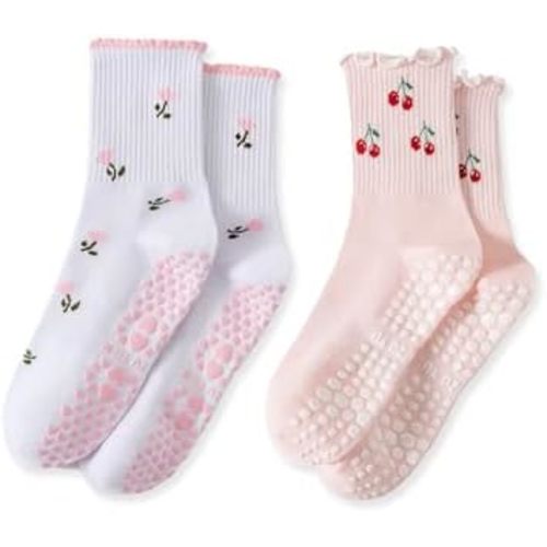 Cute Pilates Socks with Grips for Women Ruffle Grippy Socks for Yoga Hospital Elderly