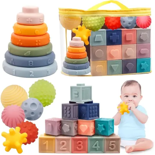 Baby Toys 6-12 Months Montessori Sensory Toys for Toddlers 3 in 1 Stacking Building Blocks Soft Infant Teething Toys Educational Learning Toys for Babies 3-6-9-12 Months Boys Girls