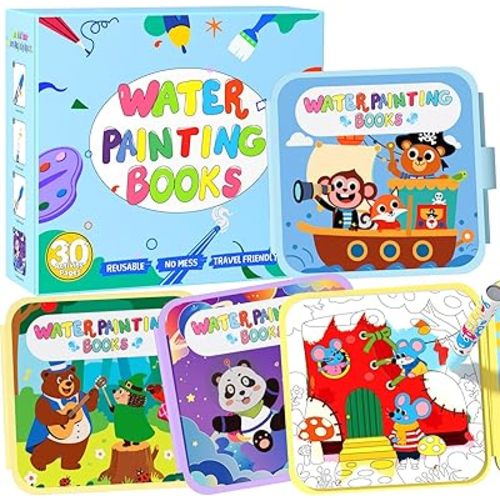 BATHKITS Reusable Water Painting Book for Kids - 3 Pack Magic Water Coloring Books with Water Pens, Fairy Tale, Animal & Space Themes | No Mess Paint, Travel Activity Toy, Gift Box, 30 Pages, Ages 3+