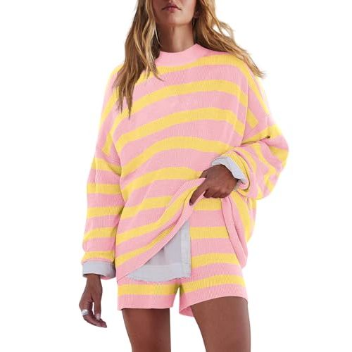 LAMISSCHE Womens Oversized Lounge Sets 2 Piece Outfits Striped Matching Pajama Set Long Sleeve Sweater Set