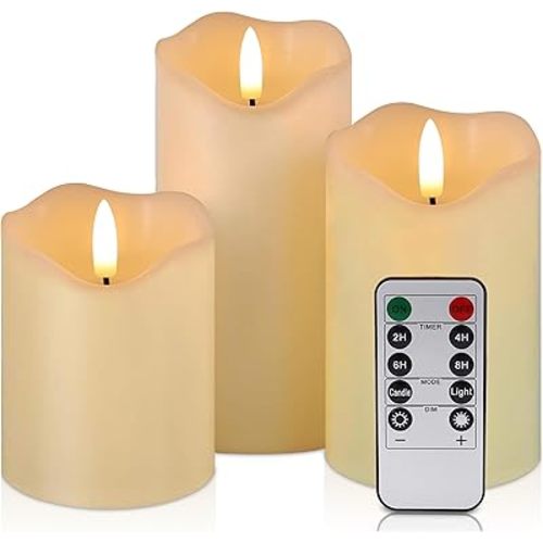 VIEWELLD Flickering Flameless Candles with Remote and Timer, Realistic LED Candles, Battery Operated Candles for Christmas Home Wedding Birthday Decoration, Real Wax Set of 3(Ivory White)