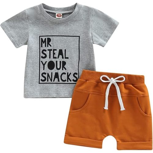 6-12 months, Kupretty Toddler Baby Boy Summer Clothes Letter Graphic Short Sleeve Shirt T-Shirt Tops + Casual Shorts Outfit Set