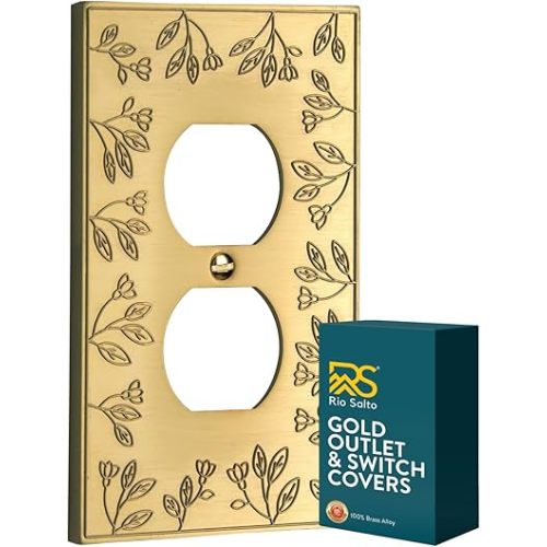Rio Salto Metal Floral Decorative Wall Plate Outlet Cover Light Switch Cover Plate Electrical Outlets Single Duplex 1-gang Flower Wall Plates Brushed Gold, 1-Gang Duplex (1-Pack)