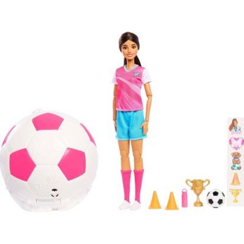 Barbie Team Barbie Roll and Reveal Soccer Player Doll and Accessories with Brunette Fashion Doll 8 Surprises and Soccer Ball Encasement