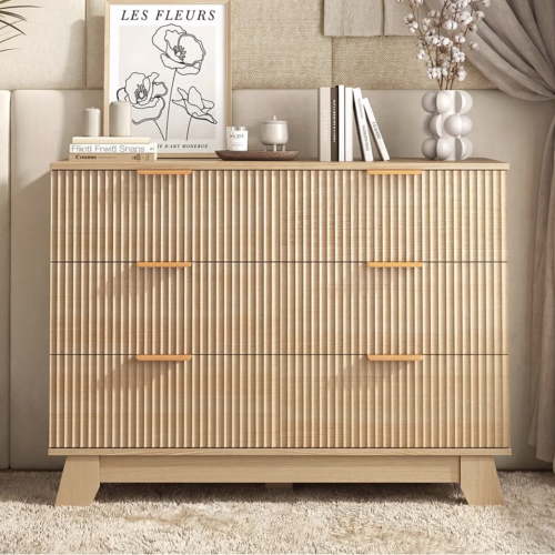 edx Fluted Dresser, 6 Drawer Dresser, Modern Wooden Chest of Drawers with Heightened Legs for Bedroom, Natural