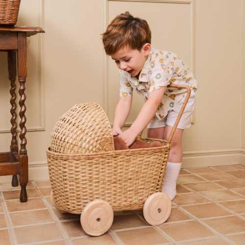 Rattan Dolls Pram And Shopping Trolley for Children | Hand-Woven Dolls Buggy with Wooden Wheels, Cushion & Mattress | Montessori Toy