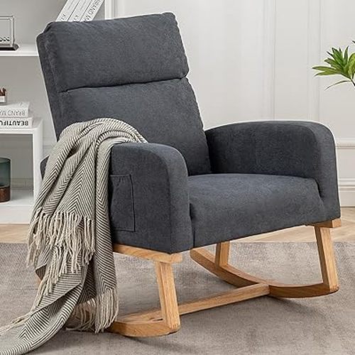 Rocking Chair Nursery - Glider Modern Flannel Accent Rocker Chairs Upholstered Padded Armchair for Indoor Living Room Bedroom Gray