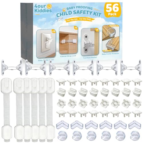 4our Kiddies 56-Piece Baby Proofing Kit & Child Safety Essentials | Child Proof Cabinet Locks x 6 ;Clear Corner Protectors x12; Plug Outlet Covers x 32; Anti-Tip Furniture Anchors x 6;