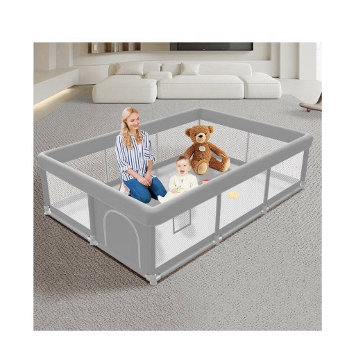 Gray Baby Playpen Sturdy Structure Mesh Sides Stainless Pipe Corner Protection