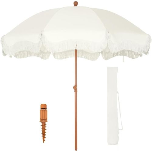 GREEN PARTY 7ft Patio Umbrella with Fringe, Portable Outdoor Beach Umbrella with Sand Anchor, Carry Bag, Push Button Tilt, UPF 50+ UV Protection, White