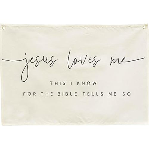 Jesus Loves Me Christian Bible Verse Scripture Nursery Canvas Banner-Rectangular Flag Sign for Baby Boy Girl Kids,Bedroom Playroom Above Crib Decoration-Baby Shower Baptism Christmas Gift