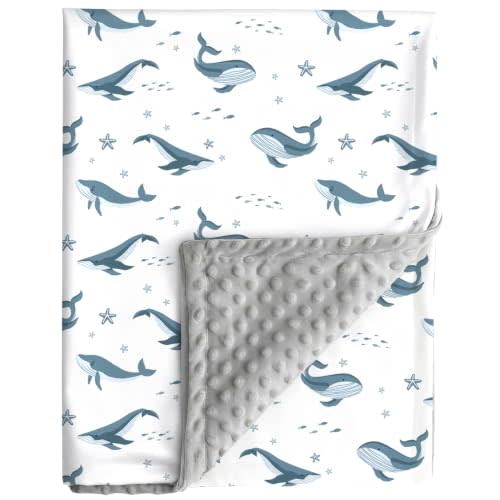 Ocean Baby Blanket Blue Whale Gender Neutral Minky Blankets for Newborn Baby Girls or Boys Undersea World Nursery Toddler Double Layer Blanket with Dotted Backing Sea Animal Printed (Light Blue)