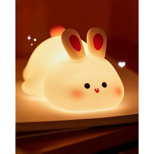 Daixinde Big Face Rabbit Night Light for Kids, Squishy Silicone Bunny Lamp with Touch Control, 3 Brightness Levels, 30-Min Auto-Off Timer, Rechargeable Bedside Nursery Lamp