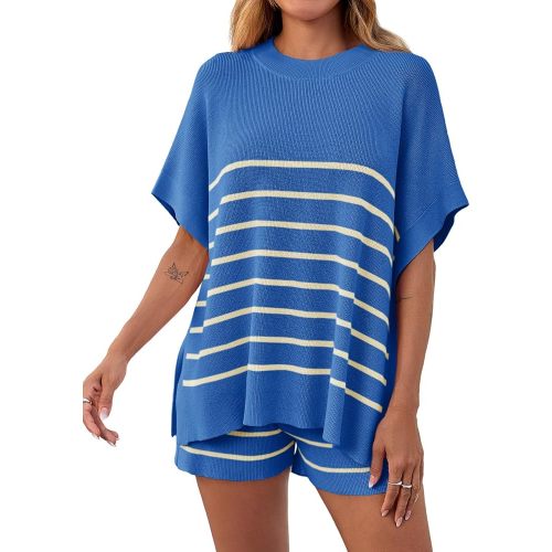 Fisoew Women's Striped 2 Piece Outfits Oversized Batwing Short Sleeve Tops High Waisted Shorts Summer Knit Lounge Short Sets