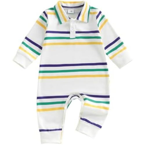 Newborn Baby Boy Mardi Gras Outfit Stripe Print Romper Collared Long Sleeve Button Down Jumpsuit One Piece Clothes