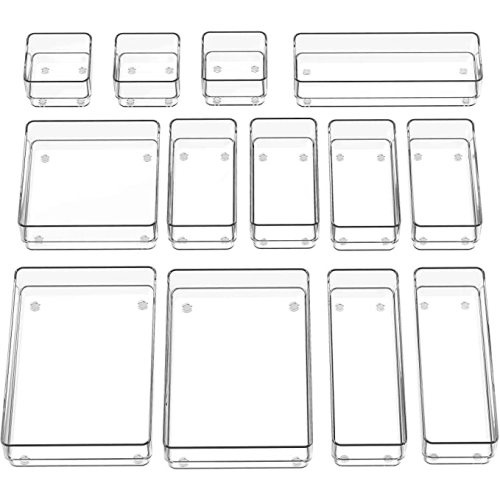 SMARTAKE 13-Piece Drawer Organizer with Non-Slip Silicone Pads, 5-Size Desk Drawer Organizer Trays Storage Tray for Makeup, Jewelries, Utensils in Bedroom Dresser, Office and Kitchen (Clear)