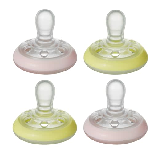 Tommee Tippee Breast-Like Night Pacifier, 0-6 Months, Breast-Like Baglet, BPA-Free Binkies, Glow in The Dark Technology, Pink/Yellow, Pack of 4