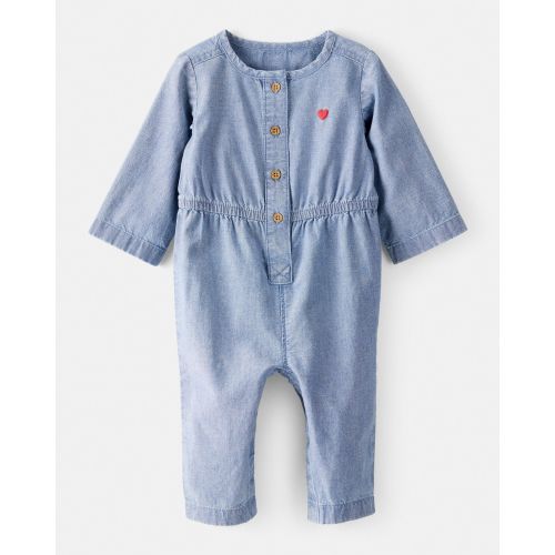 Baby Girl Heart Chambray Long-Sleeve Denim Jumpsuit - Blue | Carter's