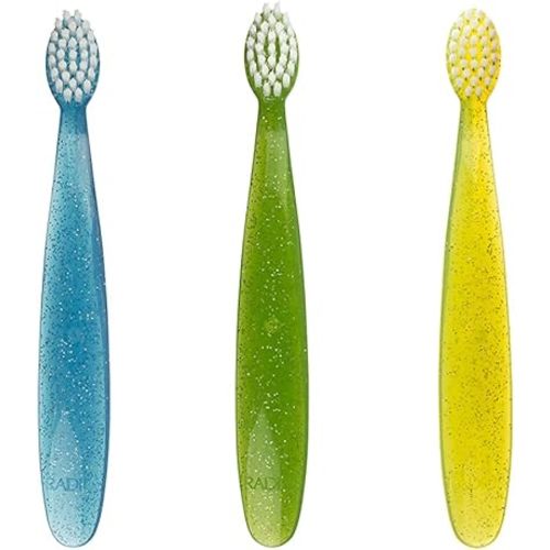 RADIUS Children's Toothbrush, Totz Brush, Extra Soft Bristles, Blue/Green/Yellow, BPA Free & ADA Accepted, Designed for Delicate Teeth & Gums for Children 18 Months & Up, Pack of 3