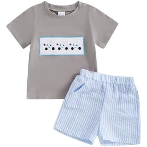 Toddler Baby Boy Clothes Summer Outfits Embroidery Smocked Short Sleeve Shirt T-Shirt + Gingham Shorts 1T 2T 3T 4T