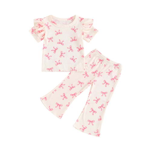 Suealasg 2Pcs Toddler Girl Summer Clothes 6M 1T 2T 3T 4T 5T Kid Girl Casual Beach Outfits Bow Print Short Sleeve T-shirt +Flare Pants