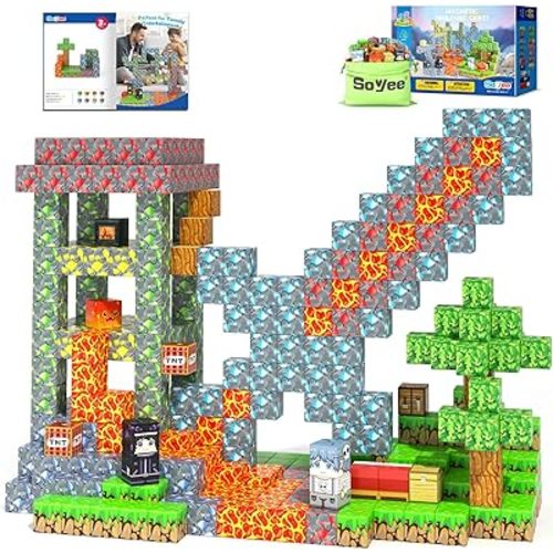 Magnetic Blocks - Build Mine Magnet World Forest Mine Set Magnet Building Blocks Kids Toys for 3+ Year Old Boys & Girls 1'' Magnetic Cubes STEM Sensory Building Toys Kids Game Xmas Gifts