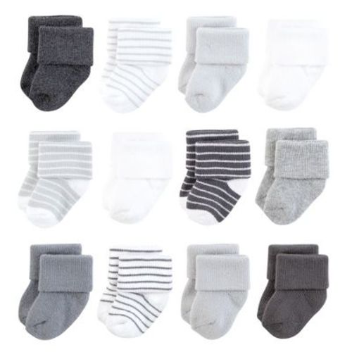 Hudson Baby Infant Baby Cotton Rich Newborn and Terry Socks 12-Pack, Gray White Stripe, 0-6 Months