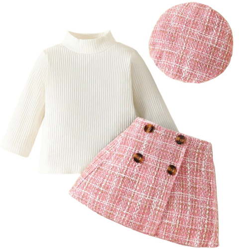 LAPAKIDS Baby Girls Clothes 18-24 Months Infant Girl Fall Winter Warm Outfits Long Sleeve Tops + Plaid Skirt + Hat 3Pcs Set