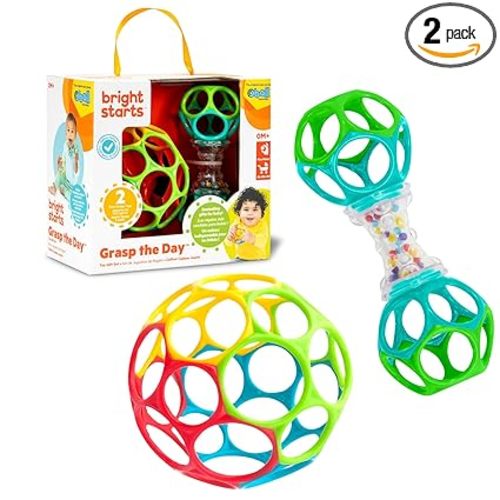 Bright Starts Easy-Grasp Oball Bundle Gift Set - Grasp The Day, Ball and Rattle Toys 2-Pack, BPA Free, Unisex, Newborn+