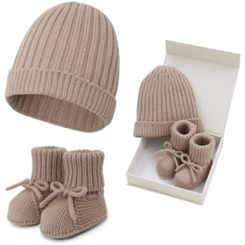 Opewod Baby Hat Booties Set Newborn First Walkers Cozy Socks Shoes Warm Knit Booties Soft Cap for Toddler Infant Boy Girl