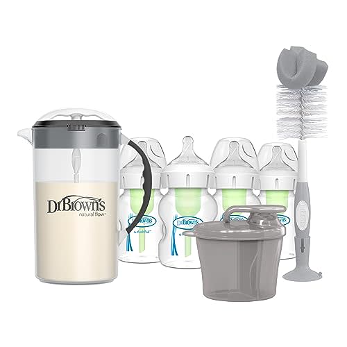 Dr. Brown's Wide-Neck Baby Bottles 5 oz/150 mL, 4 Pack, with Travel Formula Dispenser, Formula Mixing Pitcher, and Reusable Sponge Baby Bottle Cleaning Brush, Gray