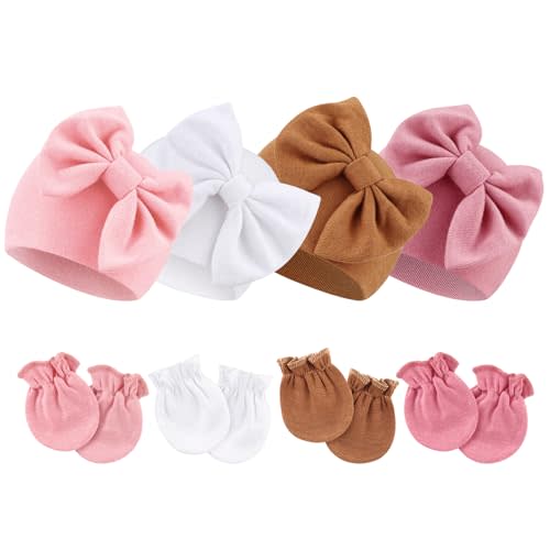 Newborn Baby Hats and Mittens Set Infant Bow Beanie Cap Toddler Gloves Newborn Hospital Hats for Baby Boy Girl 0-6 Months