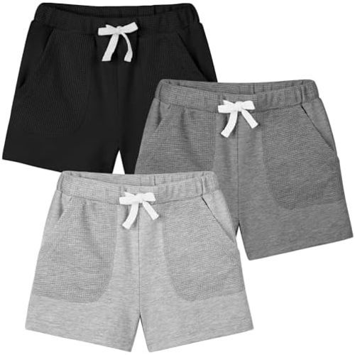 Cooraby 3 Pack Baby Boys Cotton Shorts Waffle Knit Pockets Elastic Waist Toddler Boys Soft Pull-on Shorts Summer Clothes