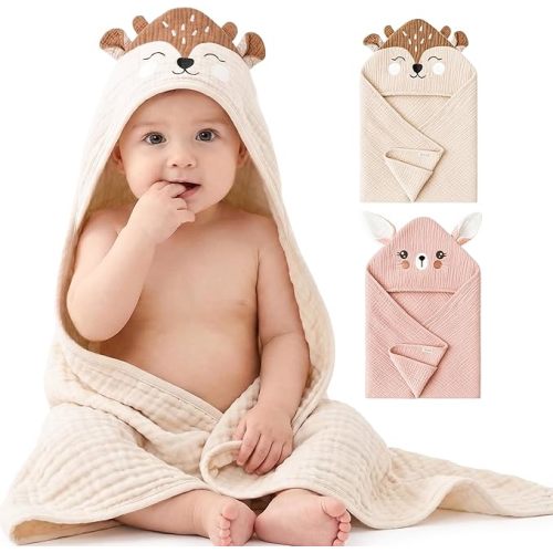 Konssy 2-Pack Muslin Baby Hooded Towels, 100% Cotton, Soft and Absorbent Baby Bath Towels for Newborn, Infant & Toddler with Animal Hooded Design(Bunny & Deer)