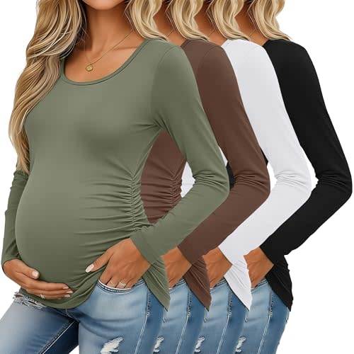 Ficerd 4 Pack Women's Maternity Shirts Long Sleeve Side Ruched Tops Crew Neck Fall Pregnancy T-Shirts Casual Mama Clothes