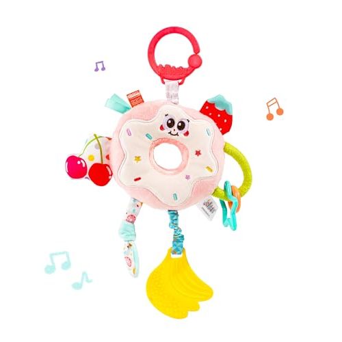 Jollybaby Baby Pull Vibration Toy - Tummy Time Sensory Hanging Toys for Car Seat, Stroller, Crib & Play Gym, with Babies Rattles & Teether, Airplane Travel Toys for Toddlers Gift - Donut