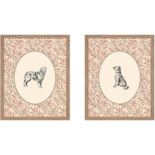 Poster Master 2-Piece Vintage Golden Retriever Poster - Retro Dog Print - Floral Artwork - Puppy Art - Animal Lover & Chic Boho Design - Aesthetic Kid's Room or Nursery Decor - 8x10 Beige Frame