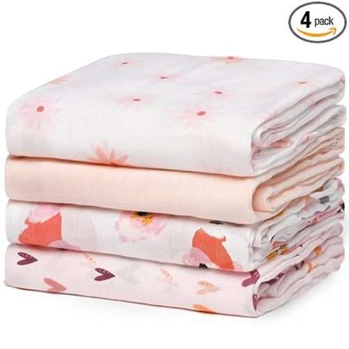 Momcozy Muslin Swaddle Blankets, 4-Pack, Large 47"x47", Breathable | Skin-Friendly Receiving Blankets, Swaddle Blanket for Baby Shower Gifts & Baby Registry Essentials, Blooming Hearts